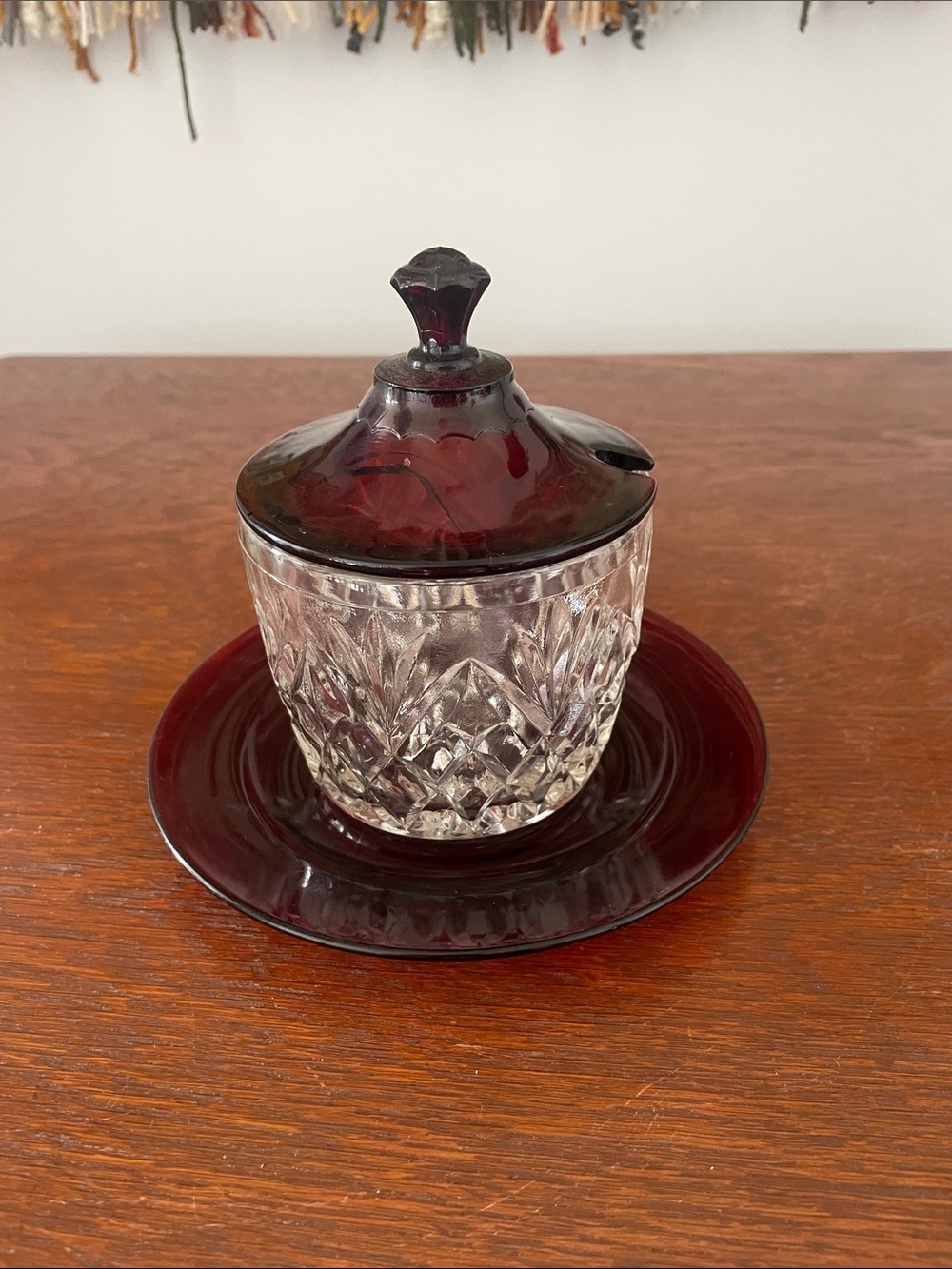 Ruby Red Glass Covered Sugar Bowl with Underplate - or jelly jar